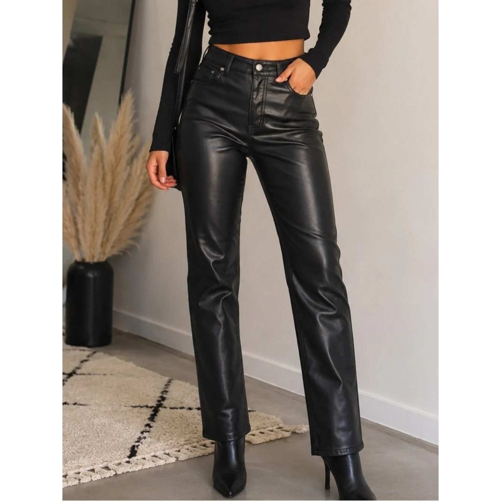 H&M Women's 12 Faux Leather Straight Coated Pants High Rise Black Night Out Chic